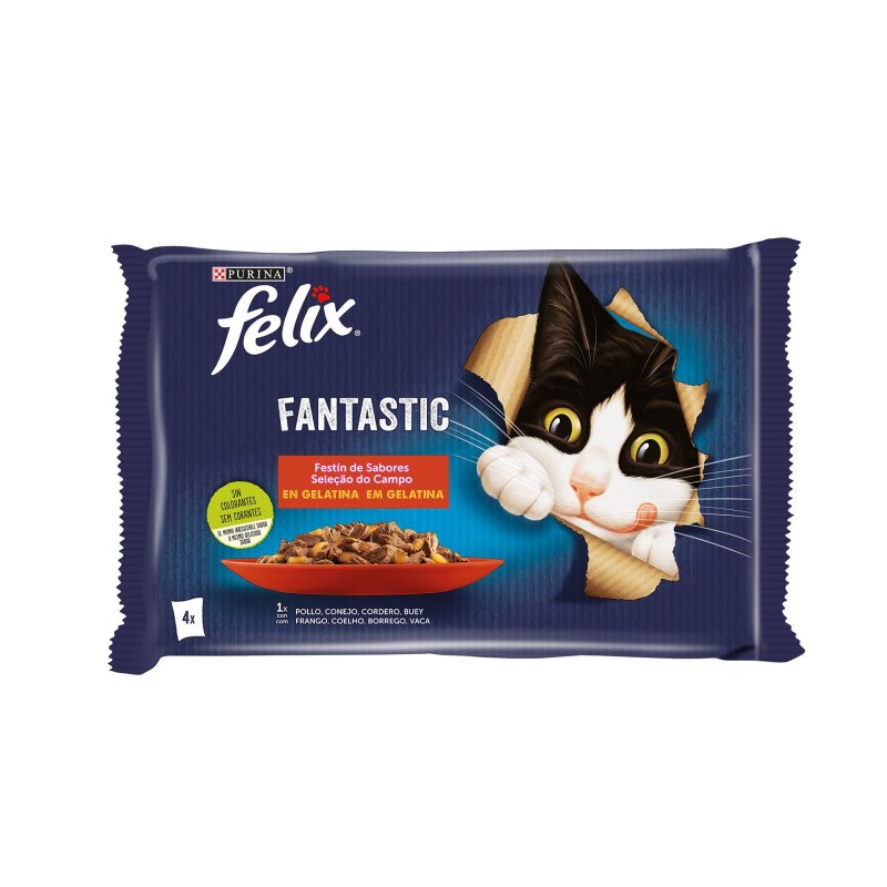 Felix Fantastic Seleção do Campo em Gelatina para Gatos Vaca Frango Coelho e Borrego 4x85g