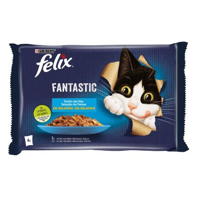 Felix Fantastic Seleção de Peixes em Gelatina para Gatos Atum Bacalhau Salmão e Solha 4x85g