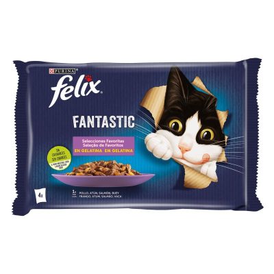 Felix Fantastic Seleção de Favoritos em Gelatina para Gatos Frango Atum Salmão e Vaca 4x85g
