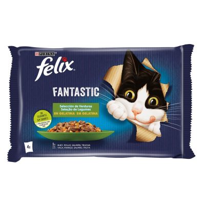 Felix Fantastic Seleção de Legumes em Gelatina para Gatos Vaca Frango Salmão e Truta 4x85g