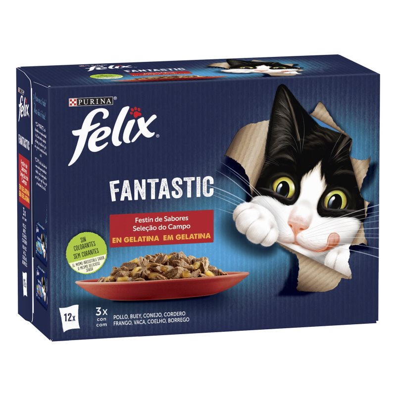 Felix Fantastic Seleção do Campo em Gelatina Pack 12 para Gatos Vaca Frango Coelho e Borrego