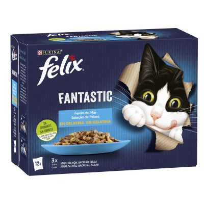 Felix Fantastic Seleção de Peixes em Gelatina para Gatos Pack 12 Atum Bacalhau Salmão e Solha