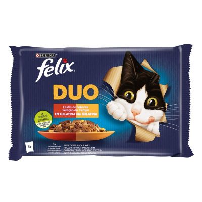 Felix Duo Seleção do Campo em Gelatina para Gatos Vaca Aves Frango Rim Borrego Vitela Peru e Fígado 4x85g