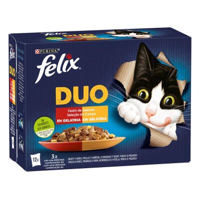 Felix Duo Seleção do Campo em Gelatina para Gatos Pack 12 Vaca Aves Frango Rim Borrego Vitela Peru e Fígado